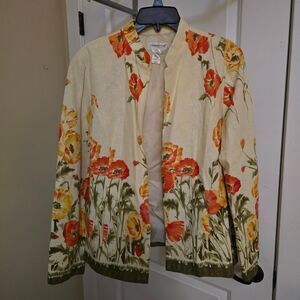 Coldwater Creek Floral Linen Open Front Jacket Large